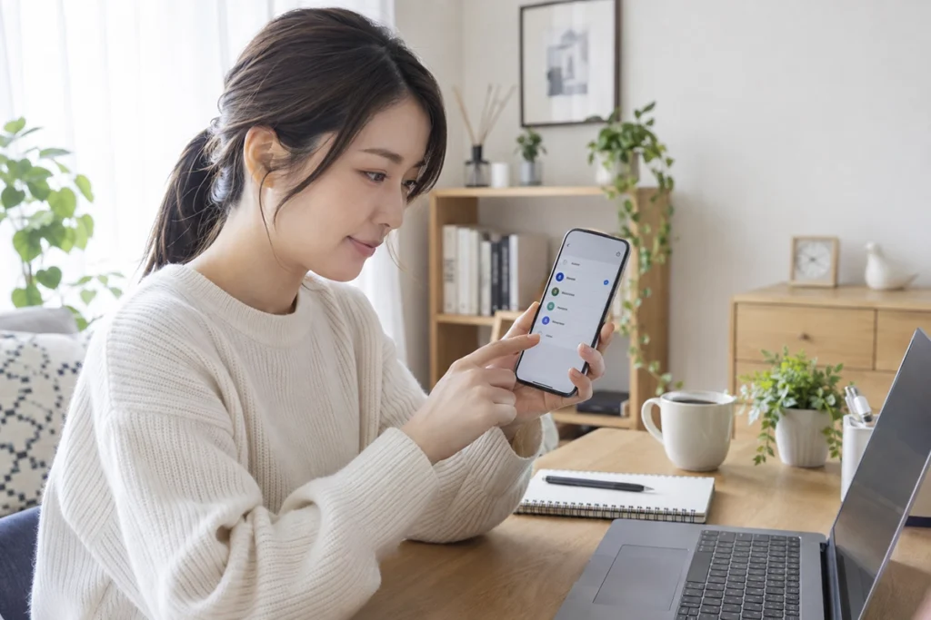 スマートフォンで複数のアカウントを確認する日本人ユーザー